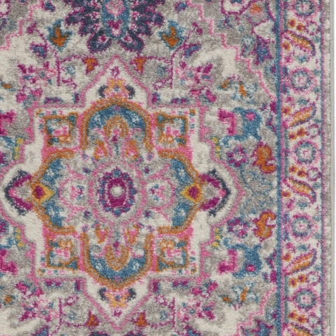 8' Light Gray And Pink Medallion Runner Rug