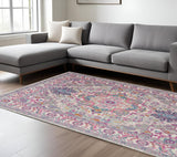 7' X 10' Light Gray And Pink Medallion Area Rug