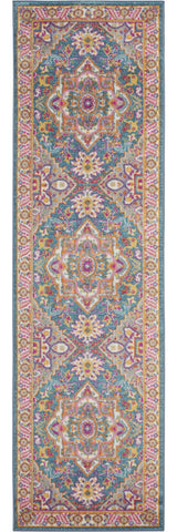 8' Teal And Ivory Medallion Distressed Runner Rug