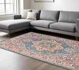 7' X 10' Teal And Ivory Medallion Distressed Area Rug