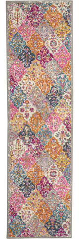8' Gray And Ivory Geometric Distressed Runner Rug