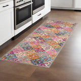 8' Gray And Ivory Geometric Distressed Runner Rug
