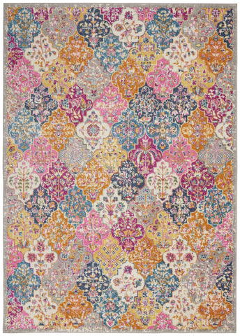 4' X 6' Gray Blue And Orange Quatrefoil Distressed Area Rug