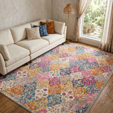 7' X 10' Gray Blue And Orange Quatrefoil Distressed Area Rug