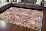 7' X 10' Gray Blue And Orange Quatrefoil Distressed Area Rug