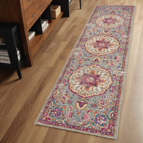 6' Gray And Ivory Medallion Runner Rug
