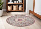 5' Gray And Pink Medallion Round Rug