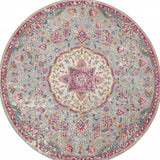 5' Gray And Pink Medallion Round Rug