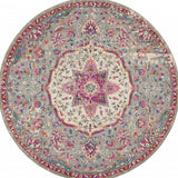 8' Gray And Ivory Medallion Round Rug