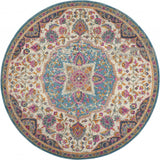 4' Ivory And Blue Medallion Round Rug