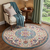 5' Ivory And Blue Medallion Round Rug