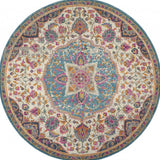 5' Ivory And Blue Medallion Round Rug