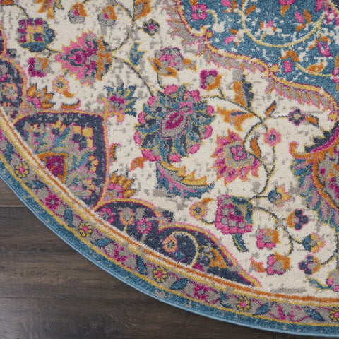 8' Ivory And Blue Medallion Round Rug