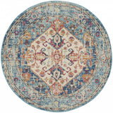 4' Ivory And Blue Oriental Distressed Round Rug