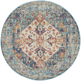 4' Ivory And Blue Oriental Distressed Round Rug