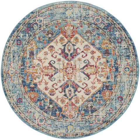 4' Ivory And Blue Oriental Distressed Round Rug