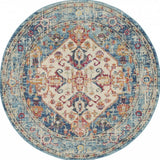 5' Ivory And Blue Oriental Distressed Round Rug