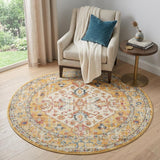 5' Yellow And Ivory Floral Medallion Round Rug