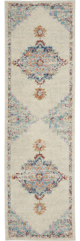 8' Gray And Ivory Medallion Distressed Runner Rug