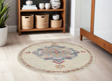 5' Gray And Ivory Medallion Distressed Round Rug