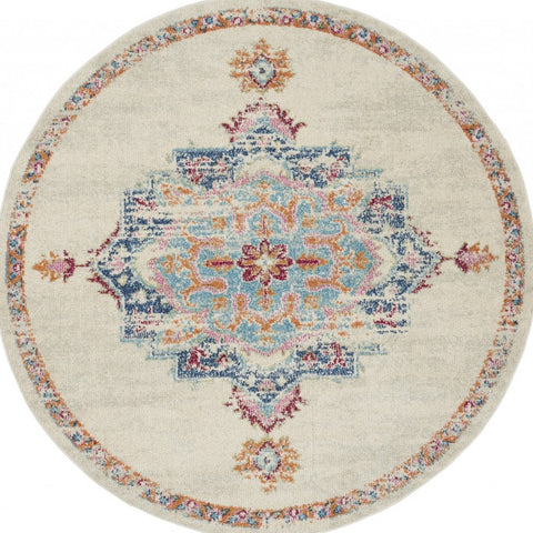 5' Gray And Ivory Medallion Distressed Round Rug