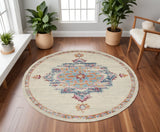 8' Gray And Ivory Medallion Distressed Round Rug