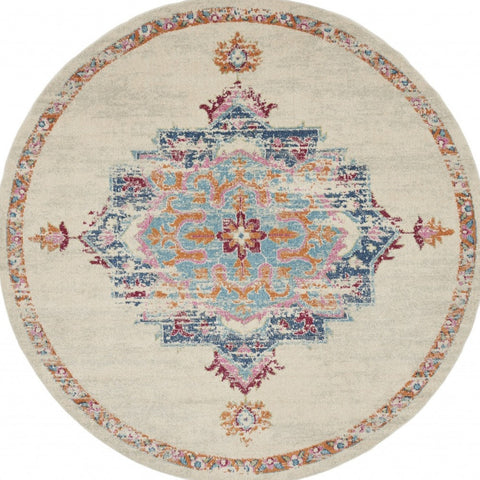 8' Gray And Ivory Medallion Distressed Round Rug