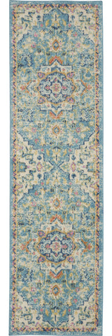 6' Ivory And Blue Oriental Distressed Runner Rug