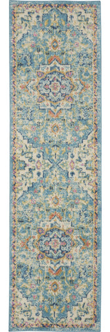 8' Ivory And Blue Oriental Distressed Runner Rug