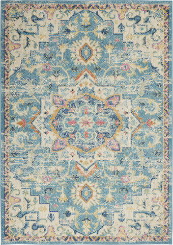7' X 10' Ivory And Turquoise Oriental Distressed Area Rug