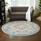 8' Ivory And Blue Oriental Distressed Round Rug