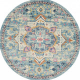 8' Ivory And Blue Oriental Distressed Round Rug