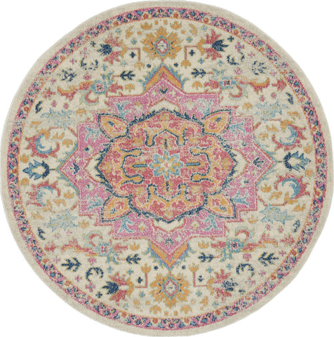 5' Pink And Ivory Southwestern Distressed Round Rug