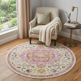 5' Pink And Ivory Southwestern Distressed Round Rug