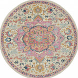 5' Pink And Ivory Southwestern Distressed Round Rug