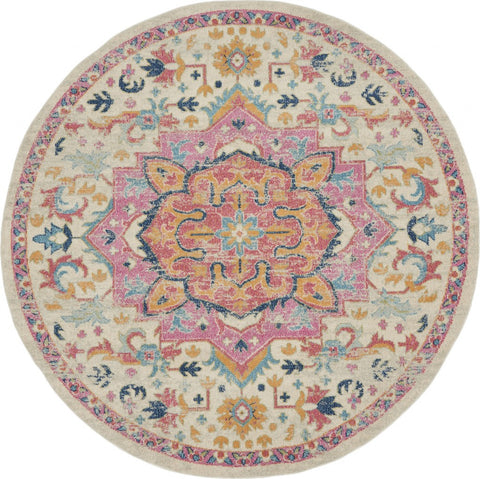 8' Pink And Ivory Southwestern Distressed Round Rug