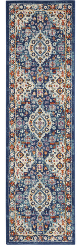 8' Blue And Ivory Medallion Runner Rug