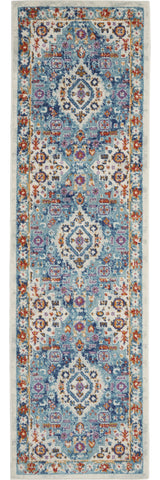 8' Ivory And Blue Floral Distressed Runner Rug