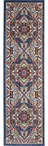 8' Blue And Ivory Medallion Distressed Runner Rug