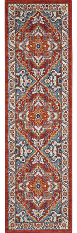 8' Red And Ivory Medallion Distressed Runner Rug