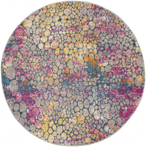 5' Yellow And Gray Coral Round Rug