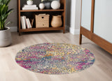 5' Yellow And Gray Coral Round Rug