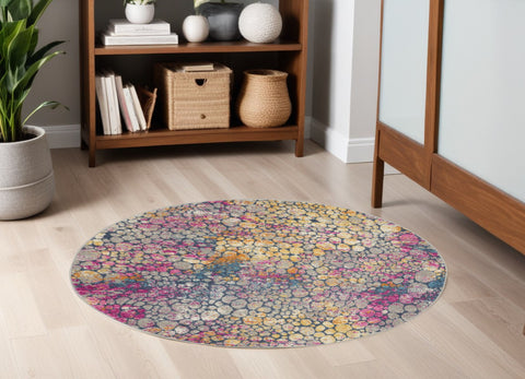 5' Yellow And Gray Coral Round Rug