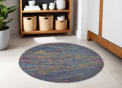 5' Blue And Orange Abstract Distressed Round Rug
