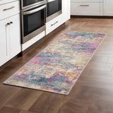 10' Ivory And Blue Abstract Runner Rug