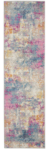 10' Ivory And Blue Abstract Runner Rug