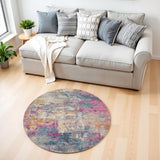 4' Ivory And Blue Abstract Round Rug