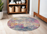 5' Ivory And Blue Abstract Round Rug
