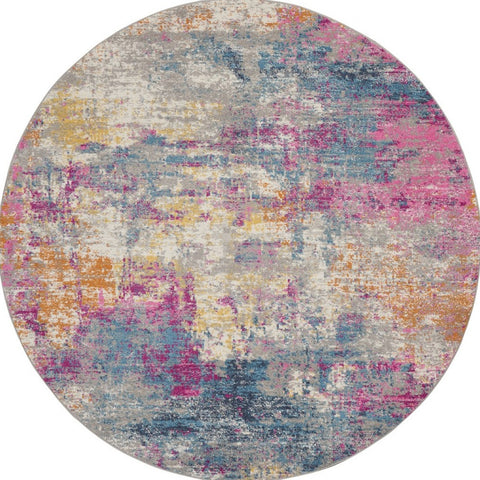 5' Ivory And Blue Abstract Round Rug