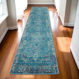 10' Blue And Ivory Southwestern Distressed Runner Rug